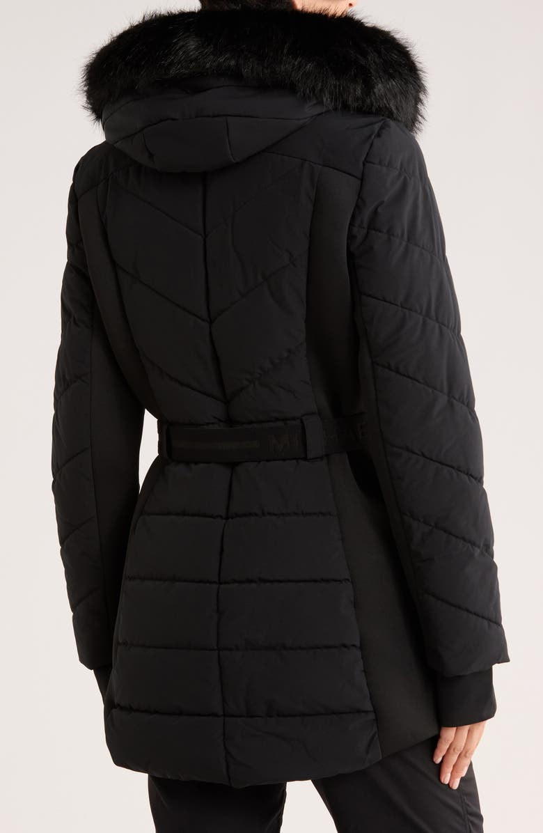 Michael Kors Faux Fur Trim Belted Puffer Jacket, Alternate, color, Black