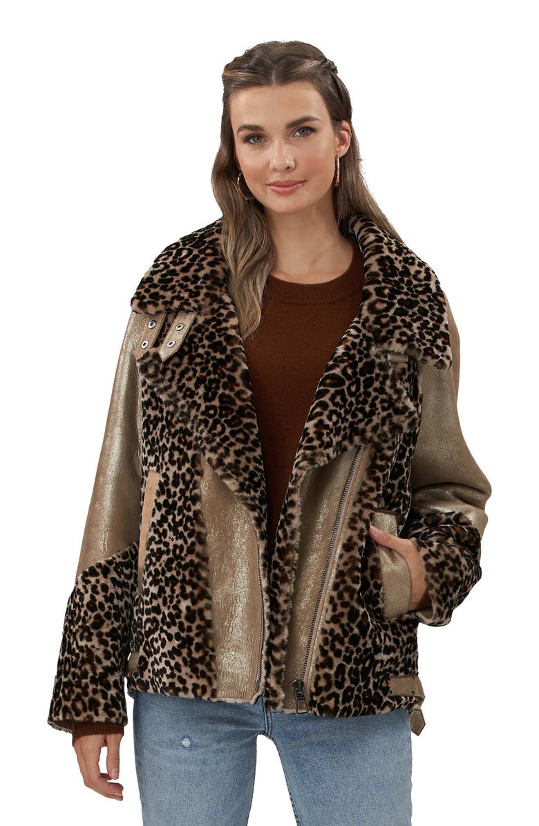 GORSKI Shearling Lamb Print Zip Moto Jacket, Main, color, Mini Lprd
