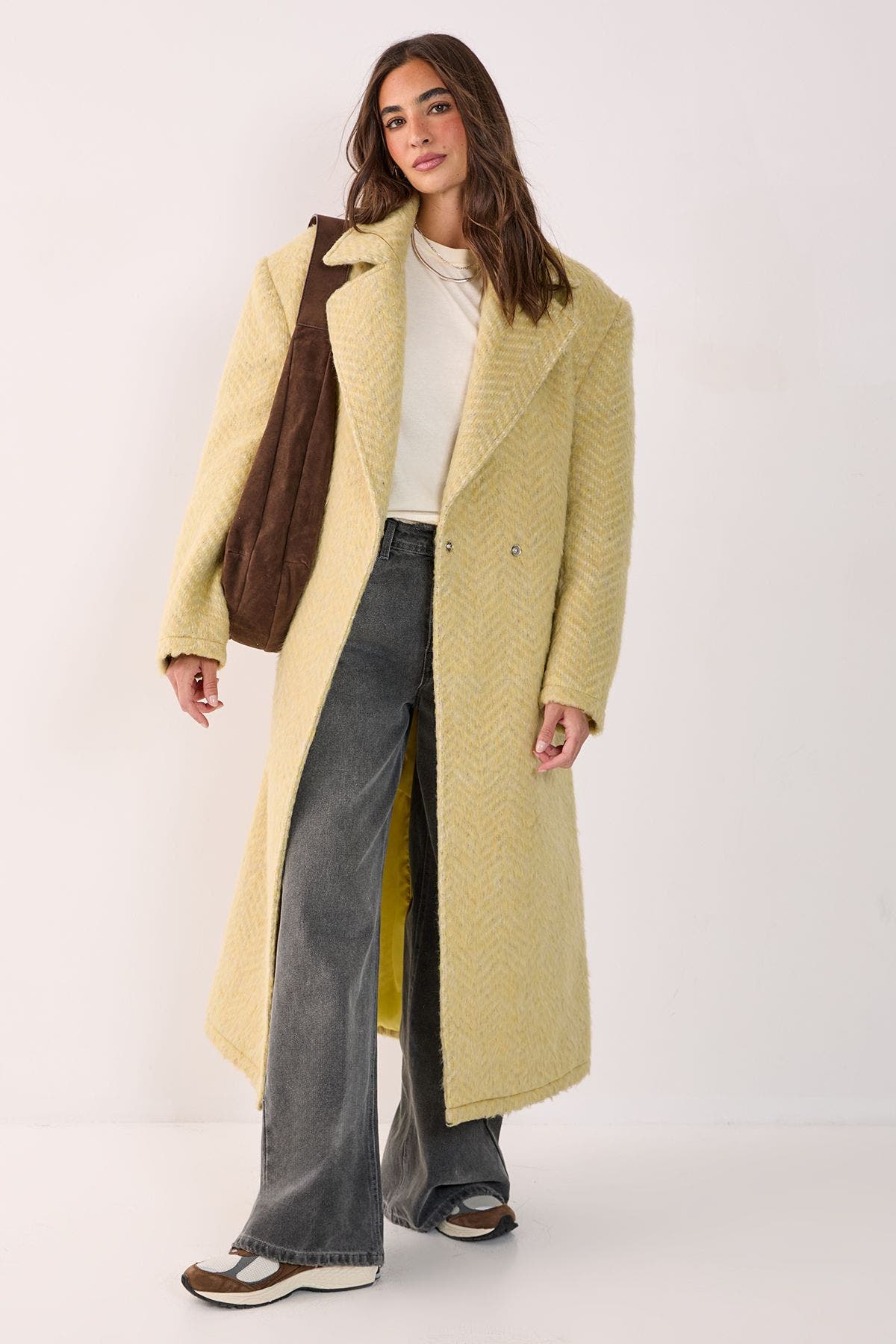 Double Breasted Brushed Herringbone Coat