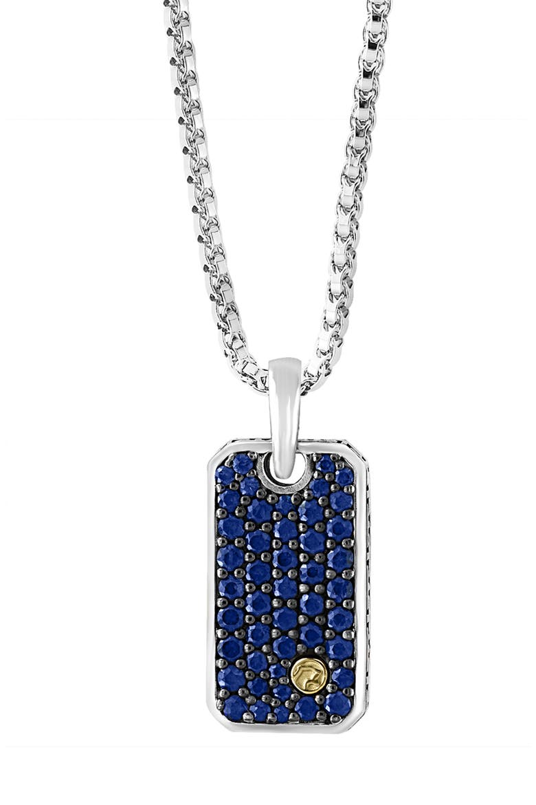 Sterling Silver & 18K Yellow Gold Pavé Sapphire Dog Tag Pendant Necklace, Main, color, BLUE