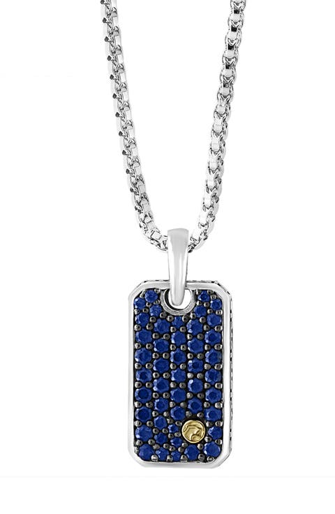 Sterling Silver & 18K Yellow Gold Pavé Sapphire Dog Tag Pendant Necklace