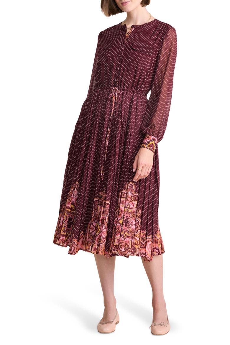 Mixed Print Long Sleeve Pleated Georgette Midi Dress, Main, color, PAISLEY MEDIUM CRIMSON
