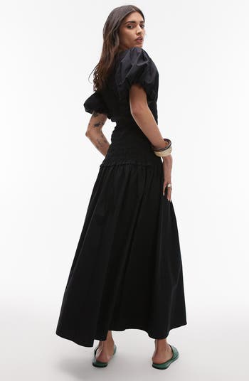 Shirred Puff Sleeve Maxi Dress