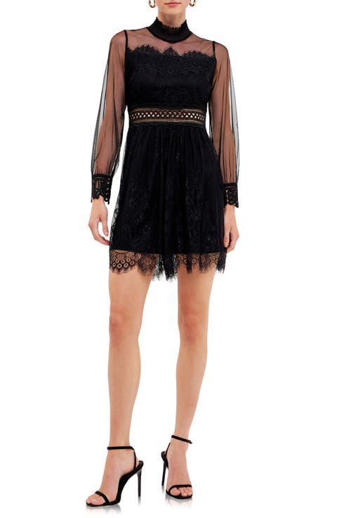 Mixed Lace Long Sleeve Cocktail Dress