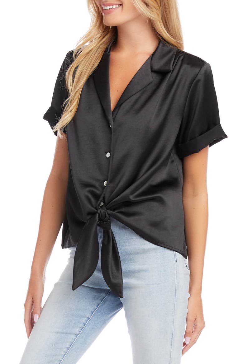 Roll Sleeve Tie Front Satin Top, Alternate, color, BLACK