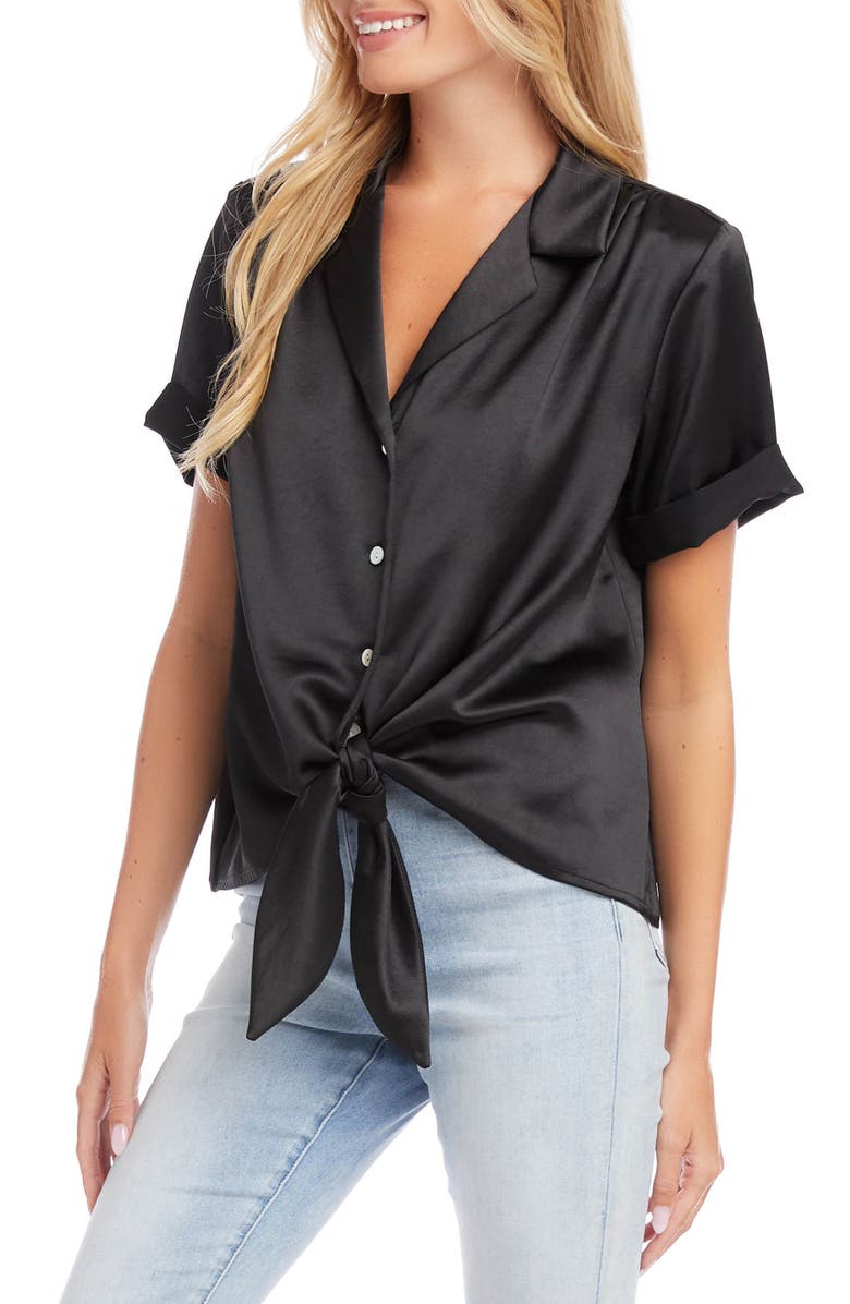 Karen Kane Roll Sleeve Tie Front Satin Top, Alternate, color,
