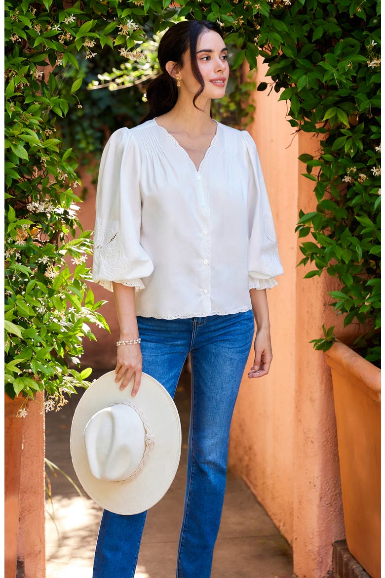 Eyelet Embroidery Button-Up Shirt, Alternate, color, WHITE