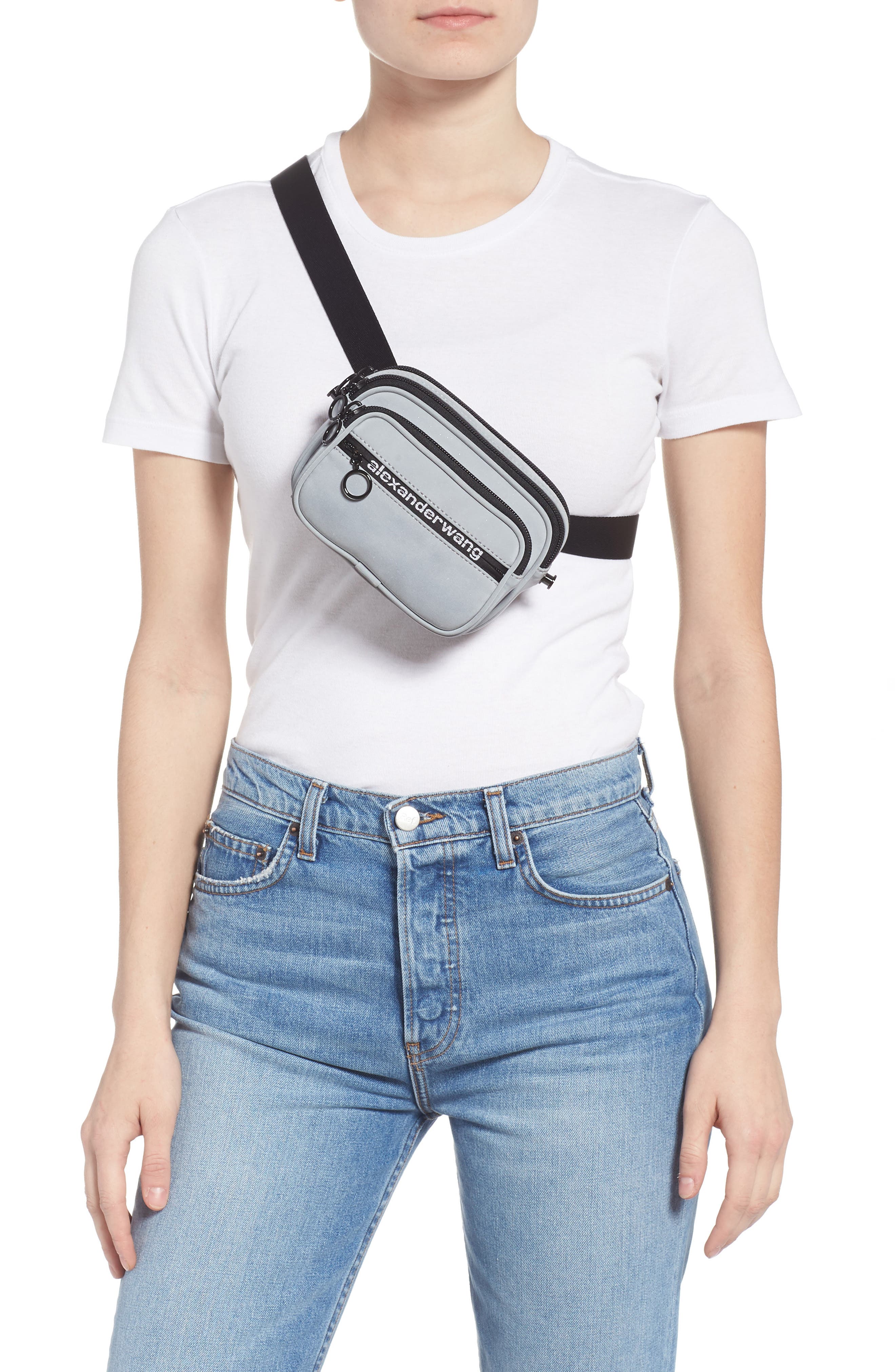 Attica Logo Leather Belt Bag, Alternate, color, REFLECTIVE SILVER