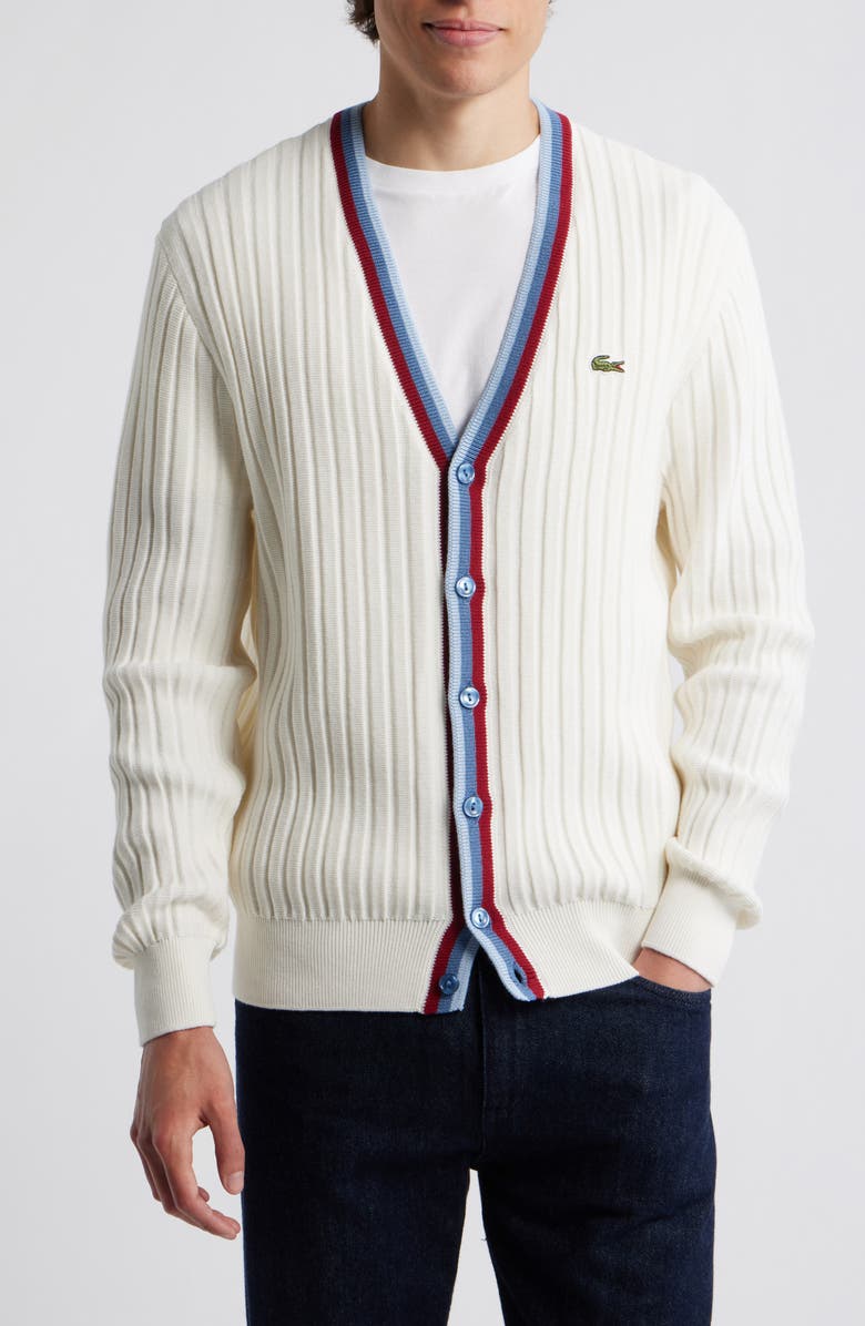 Lacoste Archive Cotton & Wool Cardigan, Alternate, color, Flour/ Chambray-King-Bordeaux