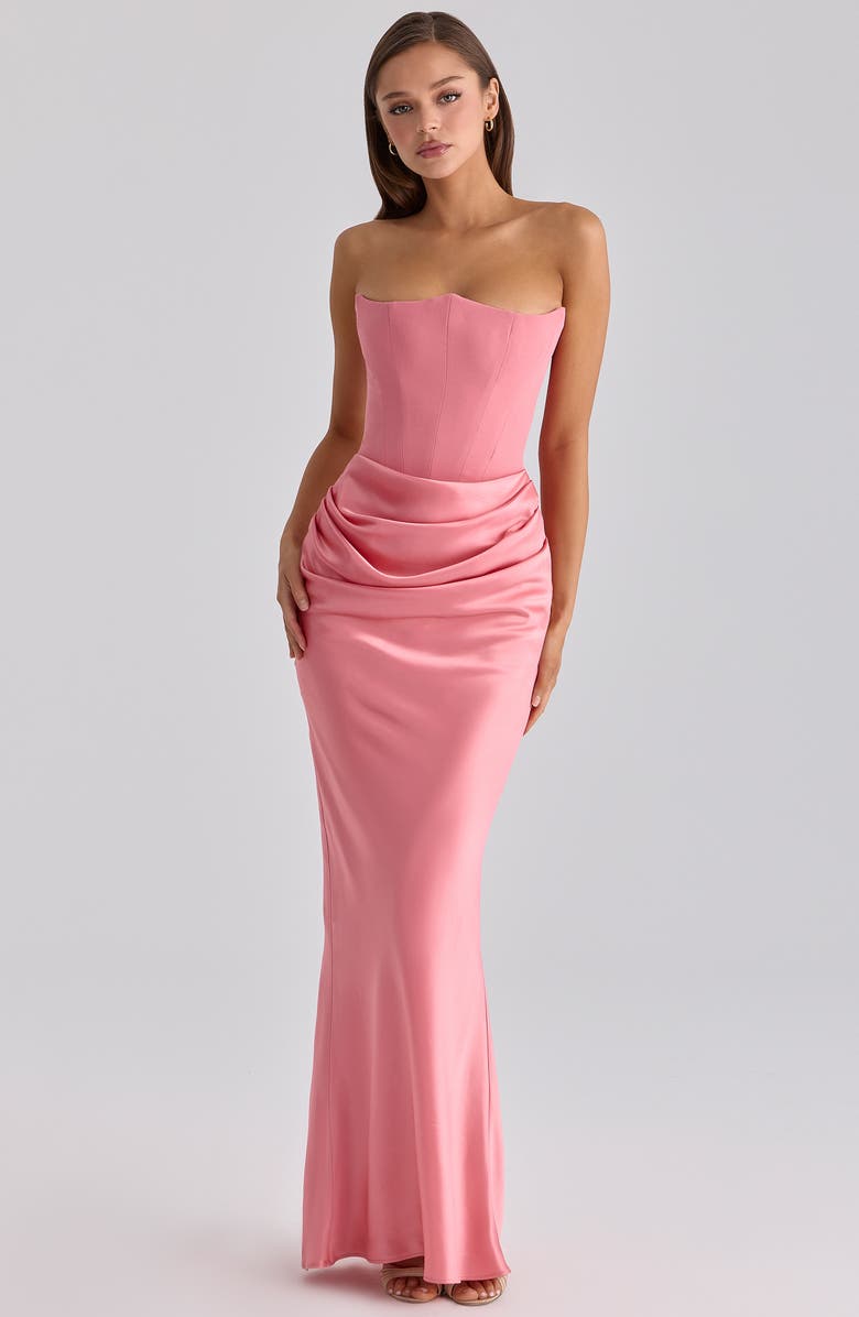 HOUSE OF CB Persephone Strapless Corset Satin & Stretch Crepe Mermaid Gown, Alternate, color, Raspberry