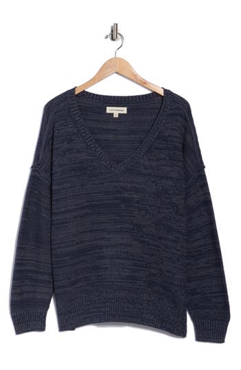 Lucky Brand Textured V-neck Cotton Blend Sweater In Blue