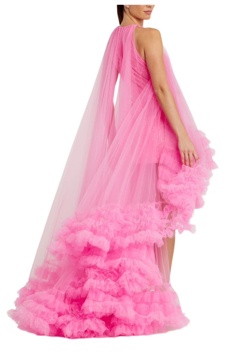 Mac Duggal Women's Tulle High Neck Sleeveless Ruffled Hem Hi-Lo Gown, Alternate, color, Hot Pink