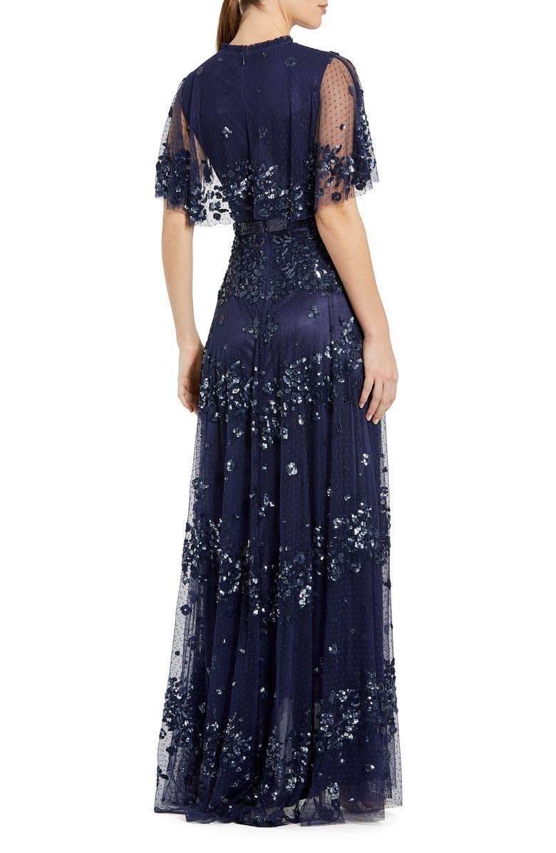Mac Duggal Sequined High Neck Flutter Sleeve A Line Gown, Alternate, color, Midnight