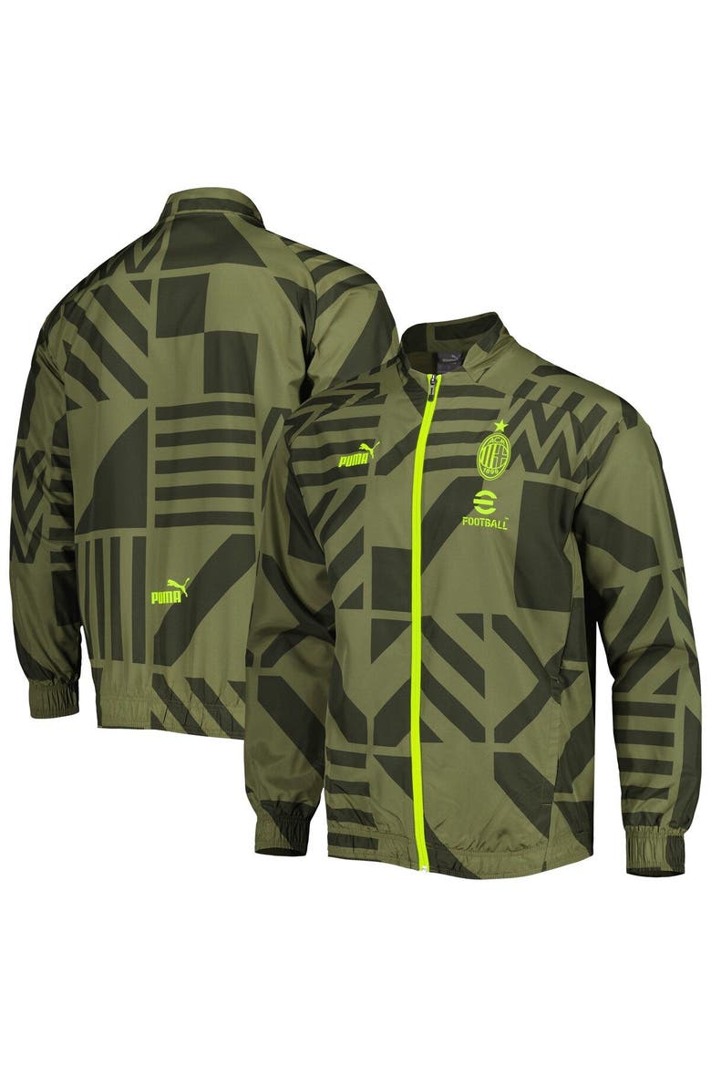 Men's Puma Olive AC Milan Pre-Match Raglan Full-Zip Training Jacket, Main, color, Olive