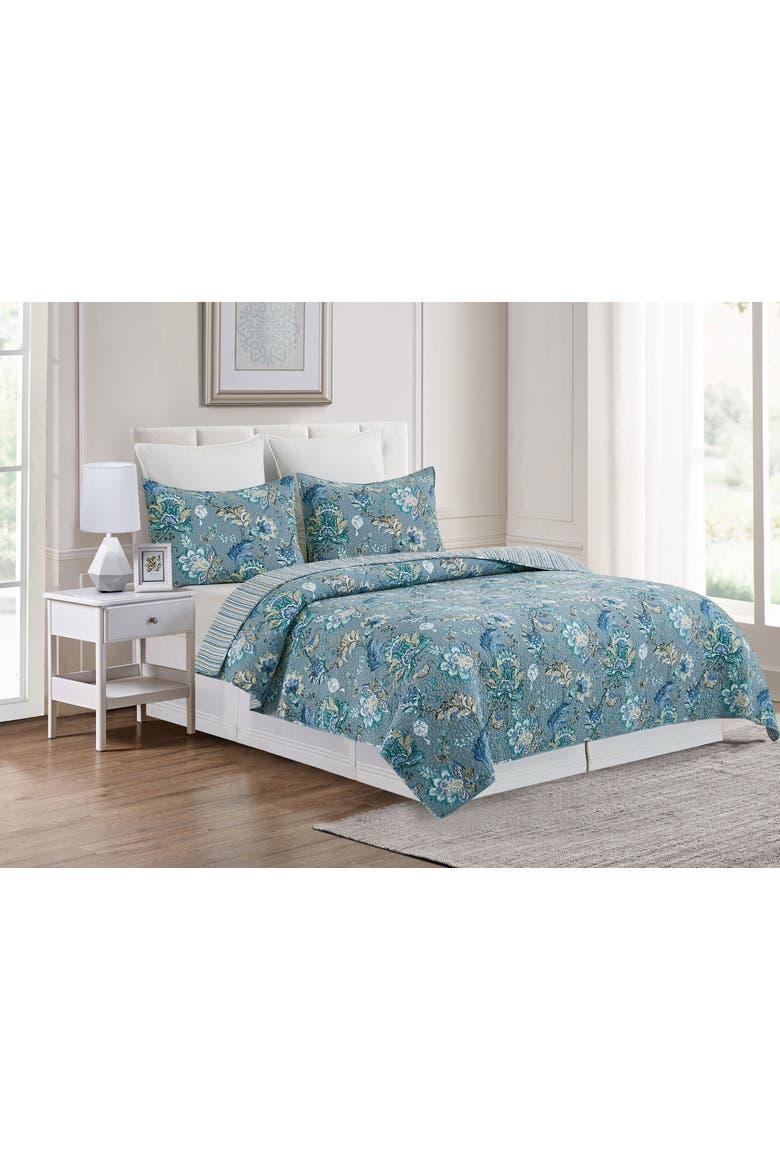 Morrison Cotton Floral Jacobean Quilt Set  - Reversible and Machine Washable, Alternate, color, Blue