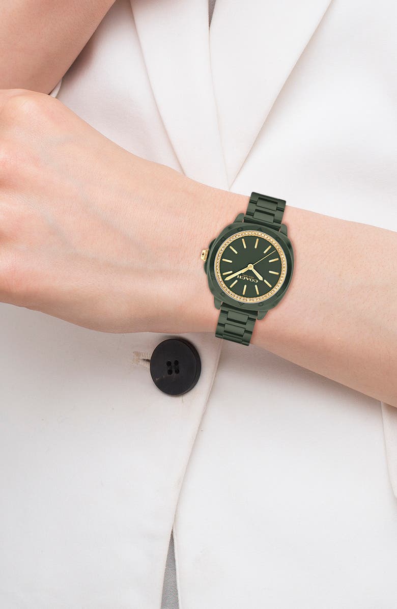 COACH Kitt Crystal Bezel Ceramic Bracelet Watch, 34mm, Alternate, color, Green