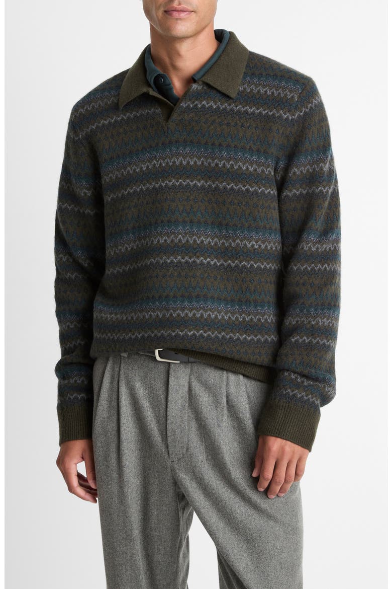 Fair Isle Wool & Cashmere Johnny Collar Polo Sweater, Main, color, DARK LEAF COMBO
