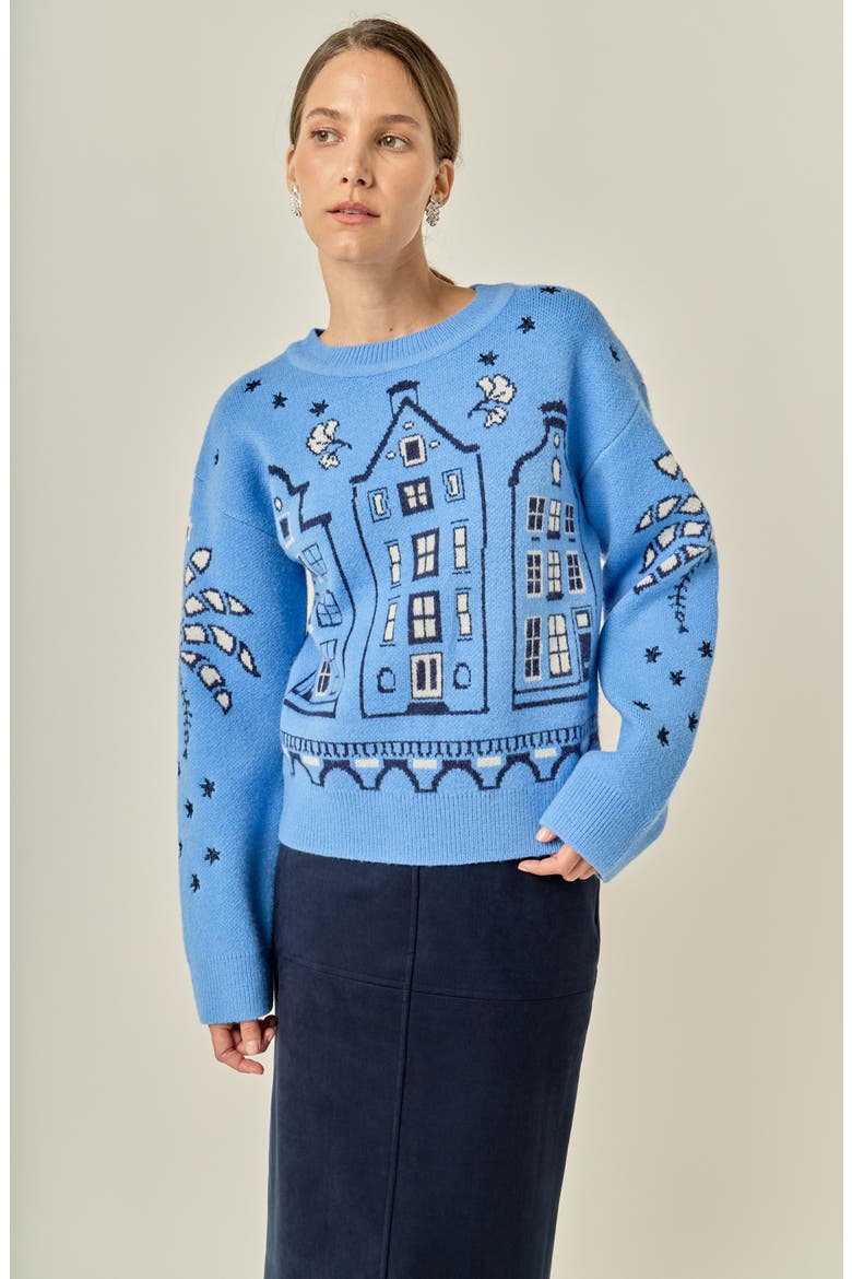 Townhouse Holiday Sweater, Alternate, color, CORNFLOWER BLUE