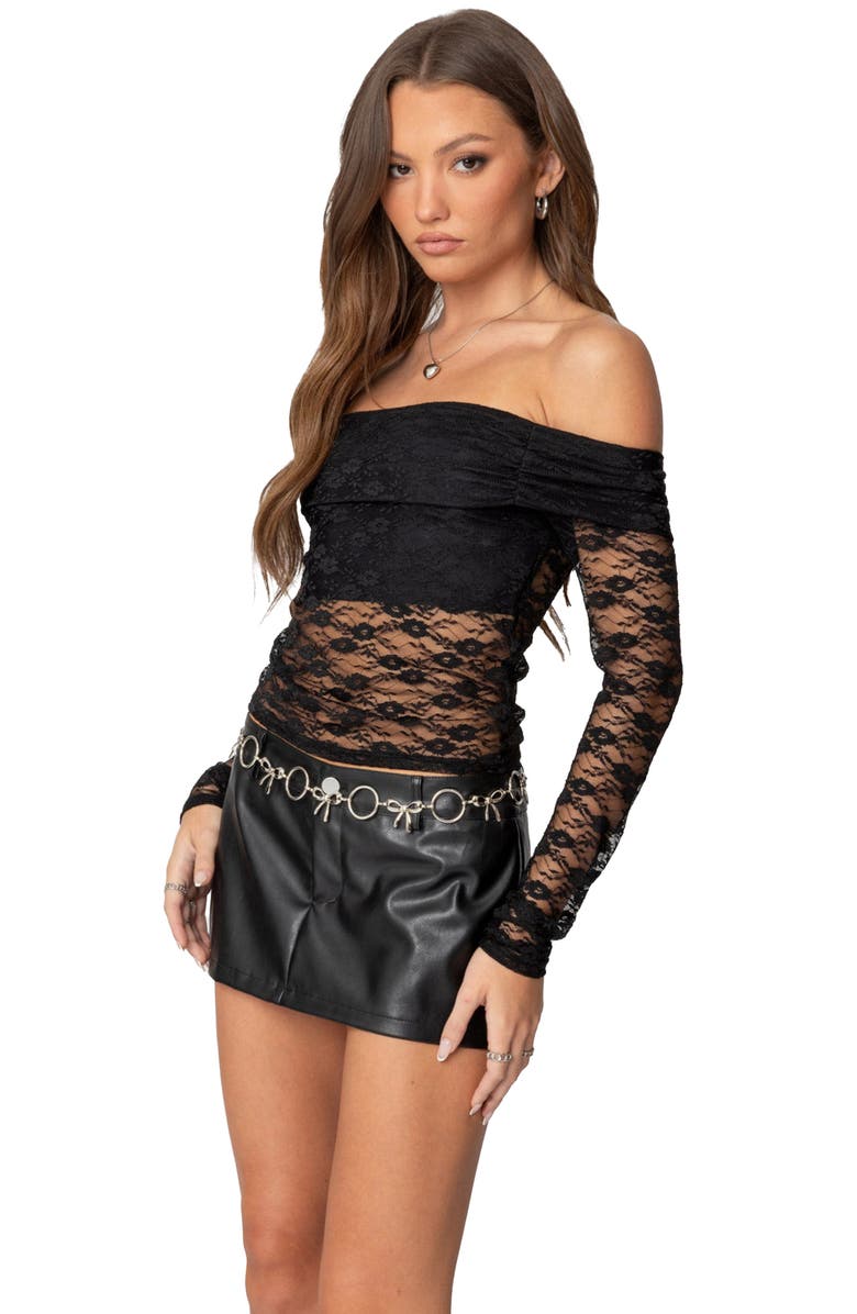 EDIKTED Elysia Mixed Media Off the Shoulder Top, Alternate, color, Black