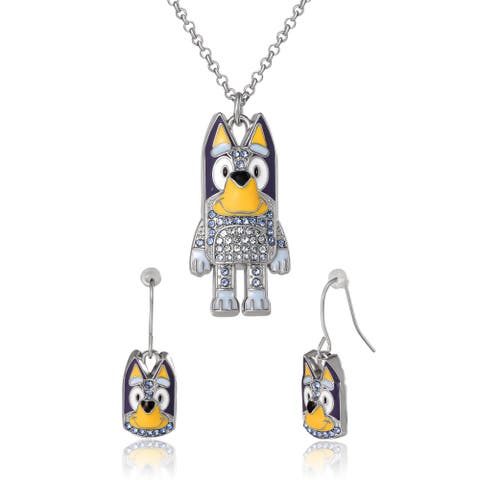 Pendant Necklace and Fish Hook Earrings Set Official License, Fashion Bluey Jewelry with Clear Crystals