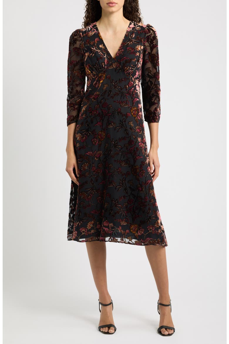 Burnout Velvet Midi Dress, Main, color, BLACK ROUGE