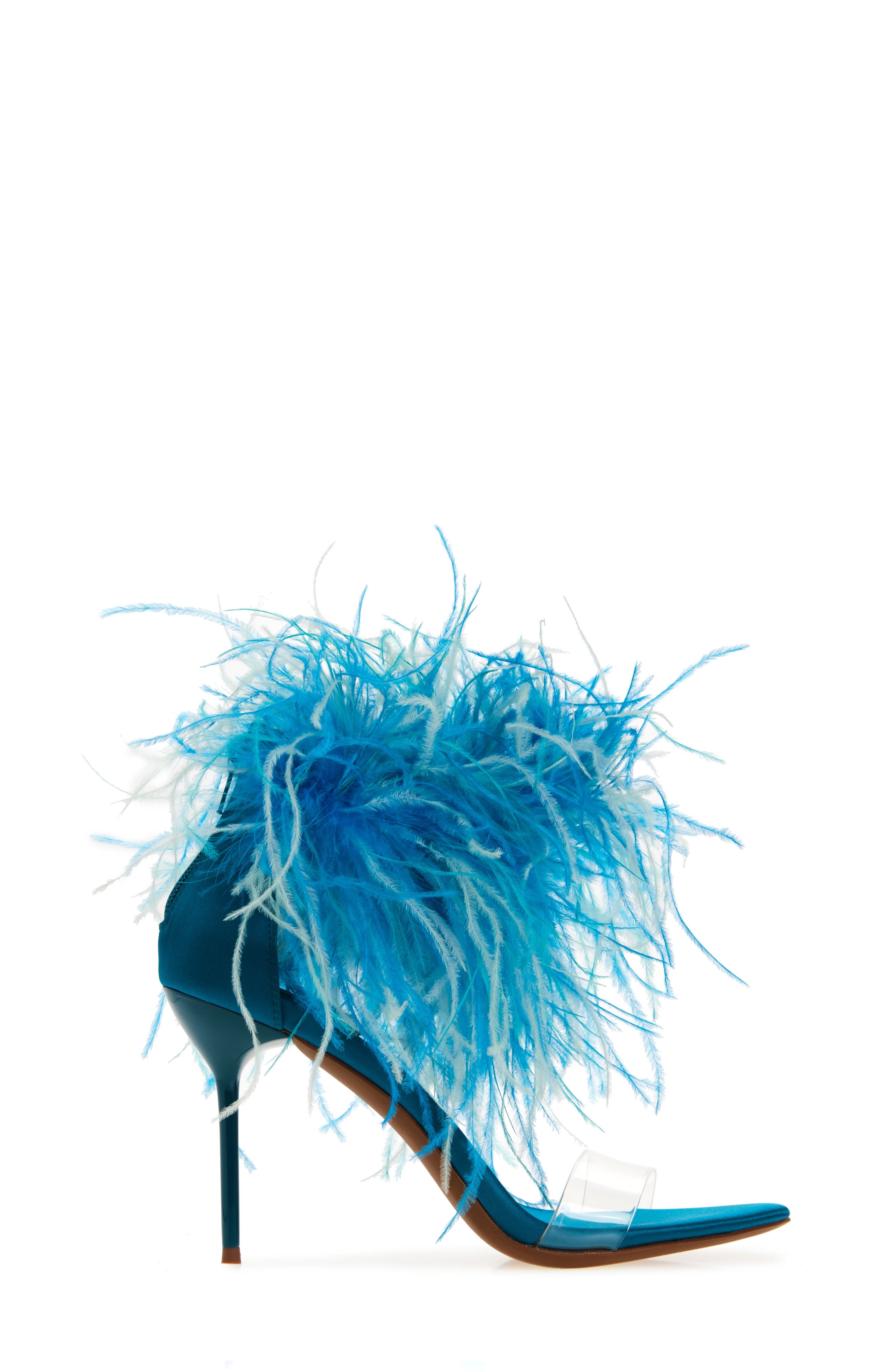 Jeffrey Campbell Bienvenue Feather Ankle Strap Sandal, Alternate, color, Turquoise Satin Combo