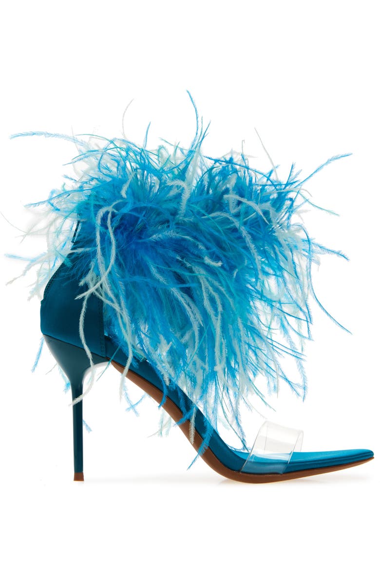 Jeffrey Campbell Bienvenue Feather Ankle Strap Sandal, Alternate, color, Turquoise Satin Combo