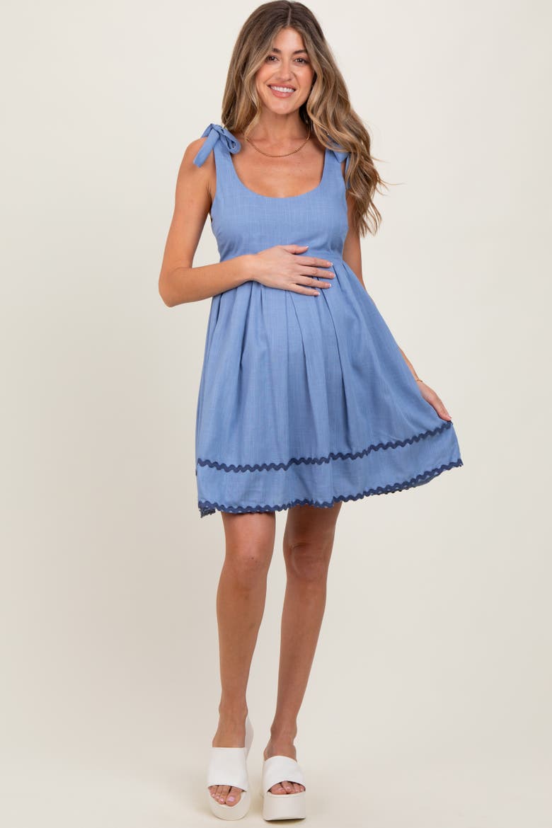Shoulder Bow Tie Pleated Mini Dress, Main, color, Blue