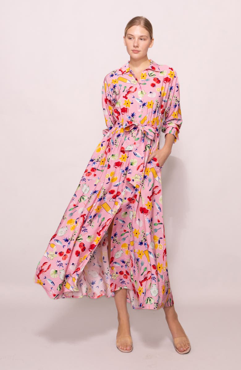 MELLODAY Print Long Sleeve Midi Shirtdress, Alternate, color, Pink Multi