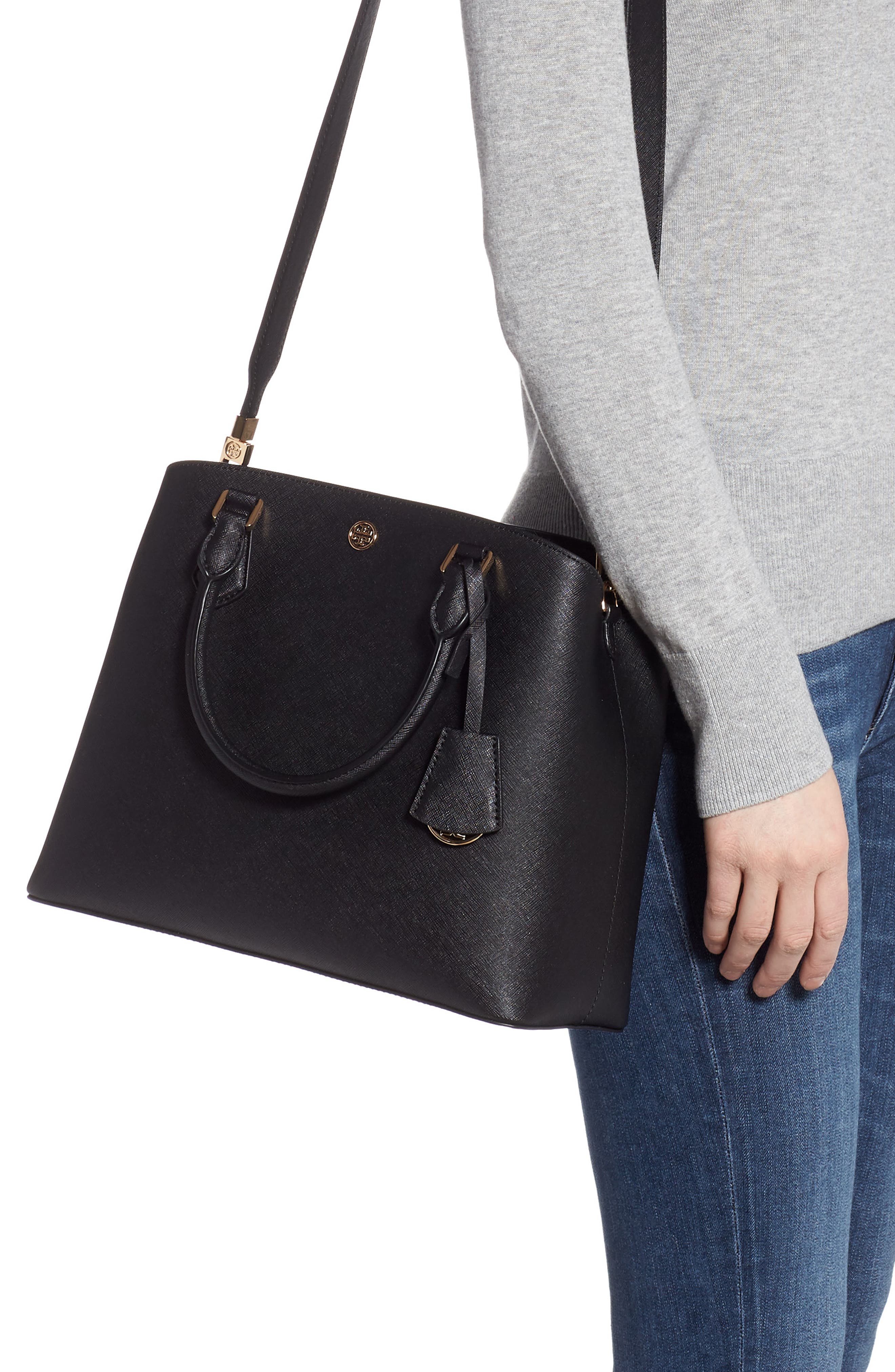 Medium Robinson Leather Triple Compartment Bag, Alternate, color, BLACK