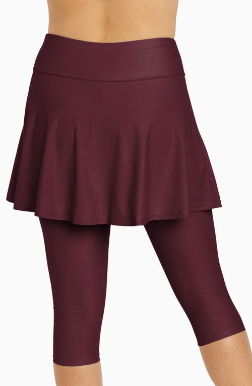 Calypsa Flared Swim Skort With Capri Leggings In Burgundy
