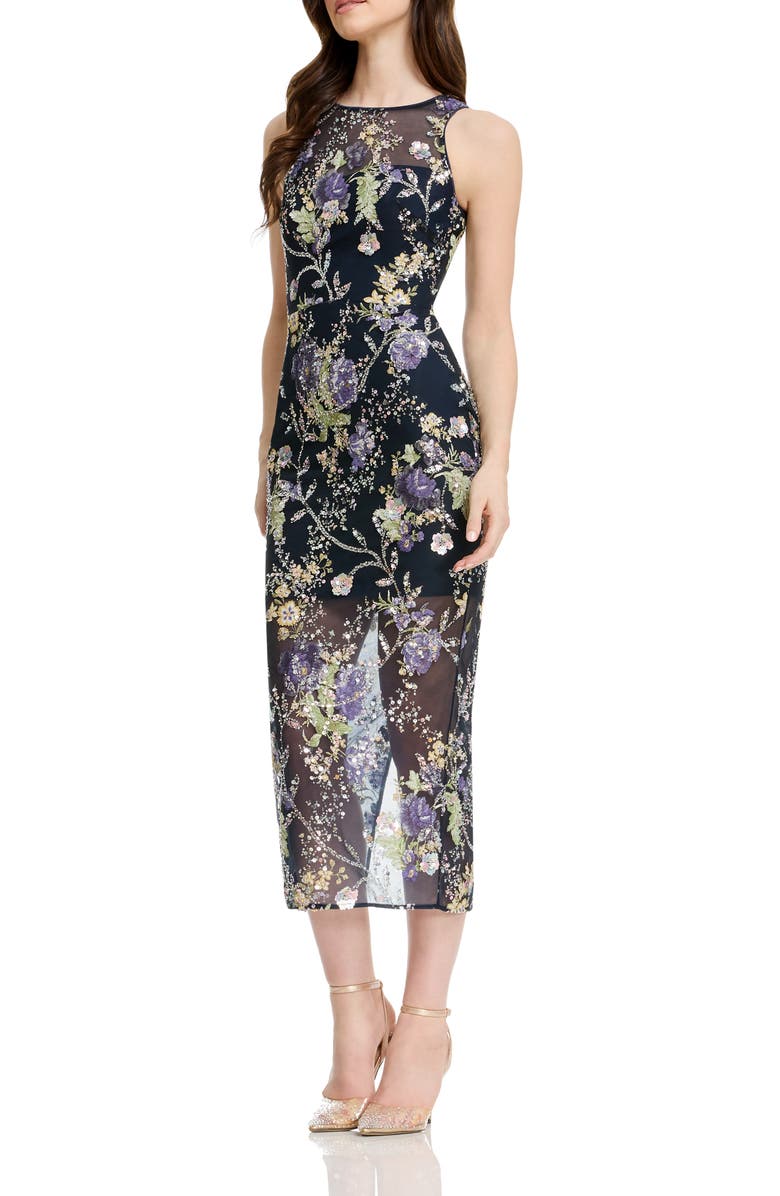 Dress the Population Helena Sequin Floral Cocktail Sheath Dress, Main, color, Navy Multi