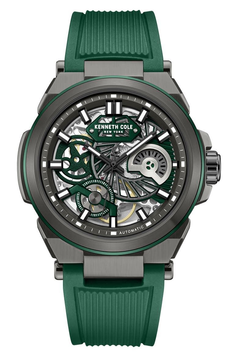 Skeleton Black Automatic Silicon Strap Watch, 42mm, Main, color, GREEN