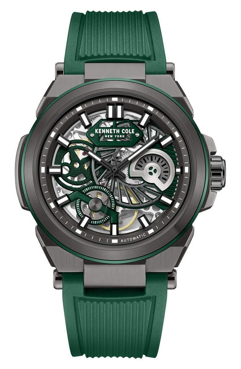 Kenneth Cole New York Skeleton Black Automatic Silicon Strap Watch, 42mm, Main, color, Green