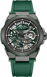 Kenneth Cole New York Skeleton Black Automatic Silicon Strap Watch, 42mm