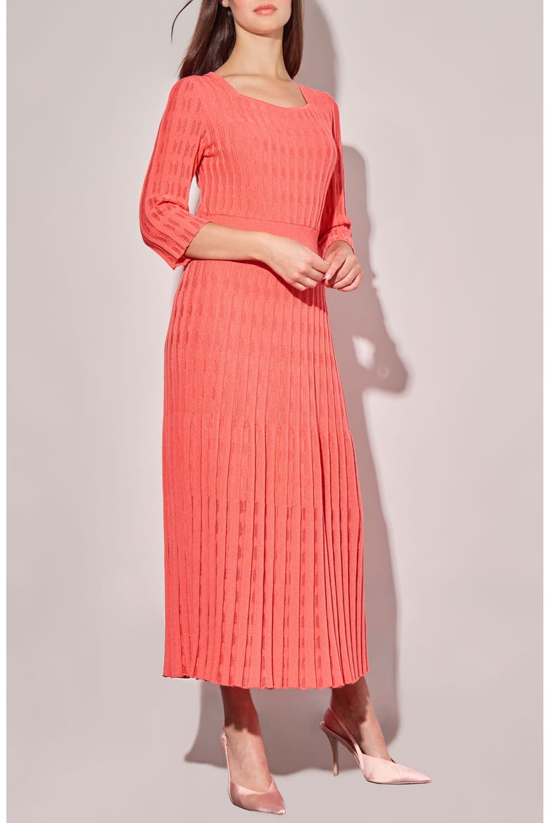 Linear Pointelle Knit A-Line Midi Dress, Alternate, color, SUNKIST CORAL