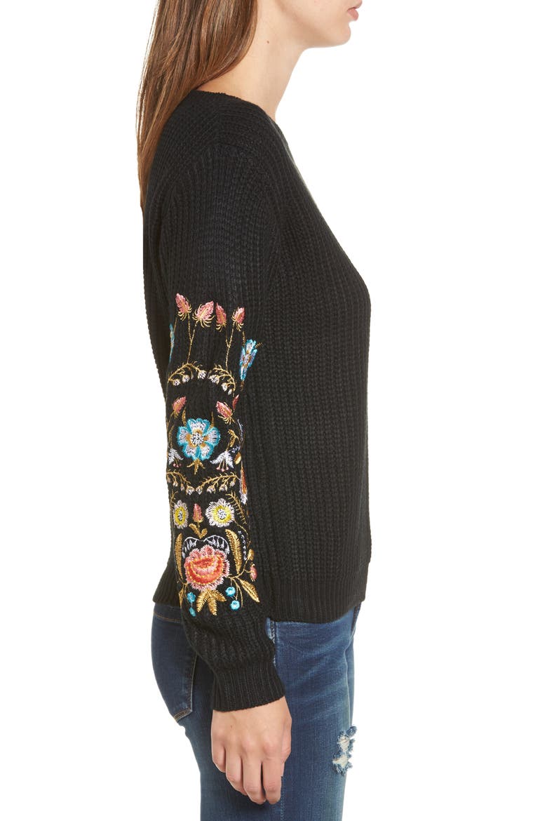 Embroidered Waffle Stitch Sweater, Alternate, color, BLACK