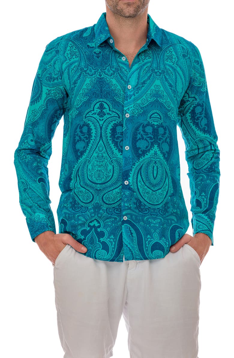 RANEES Paisley Linen Blend Button-Up Shirt, Alternate, color, Teal