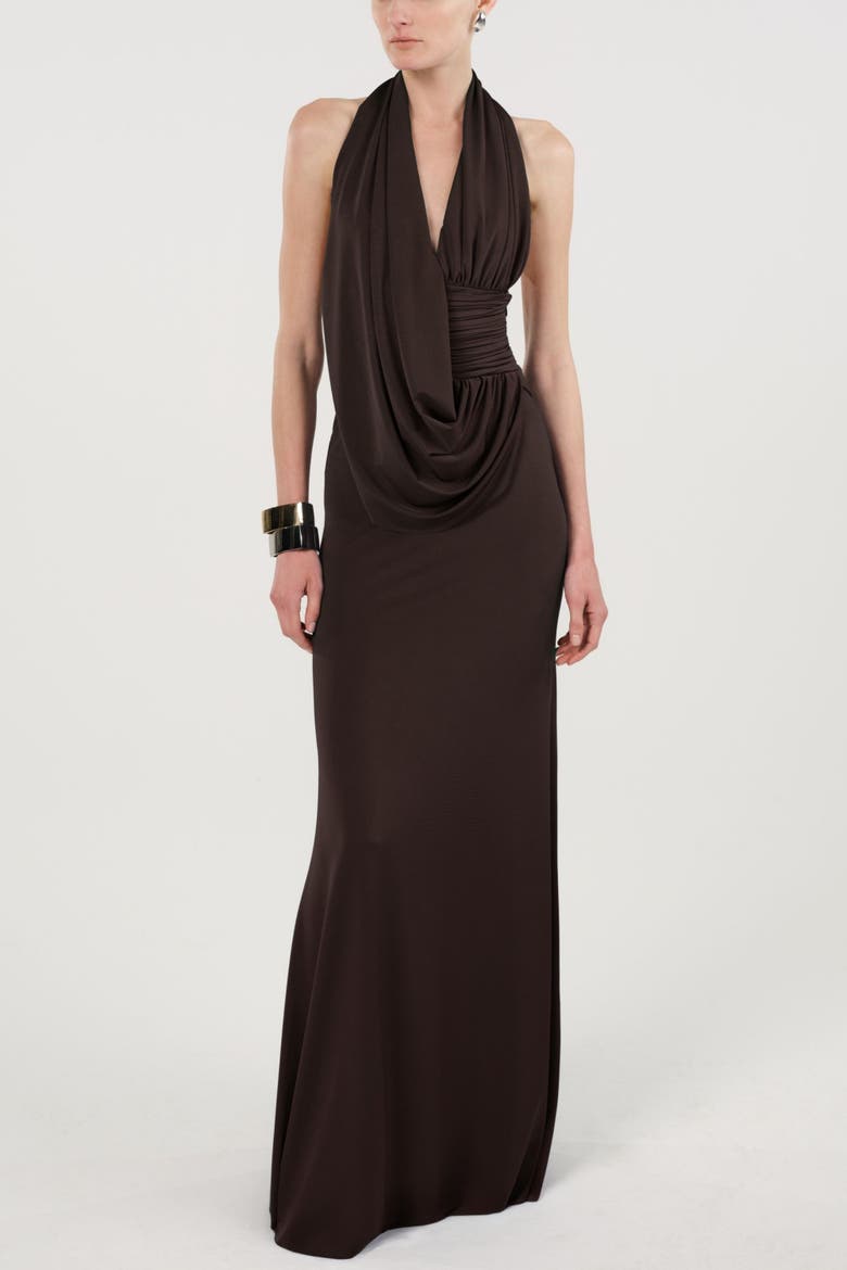 Draped Halter Neck Maxi Dress, Alternate, color, Brown