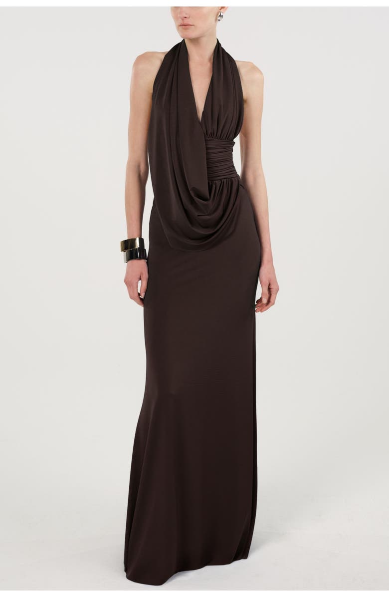 Nocturne Draped Halter Neck Maxi Dress, Alternate, color, Brown
