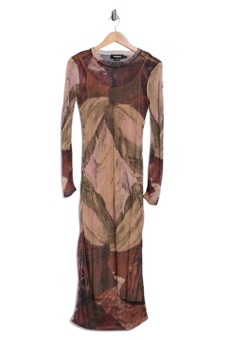 Long Sleeve Mesh Body-Con Dress, Alternate, color, BROWN