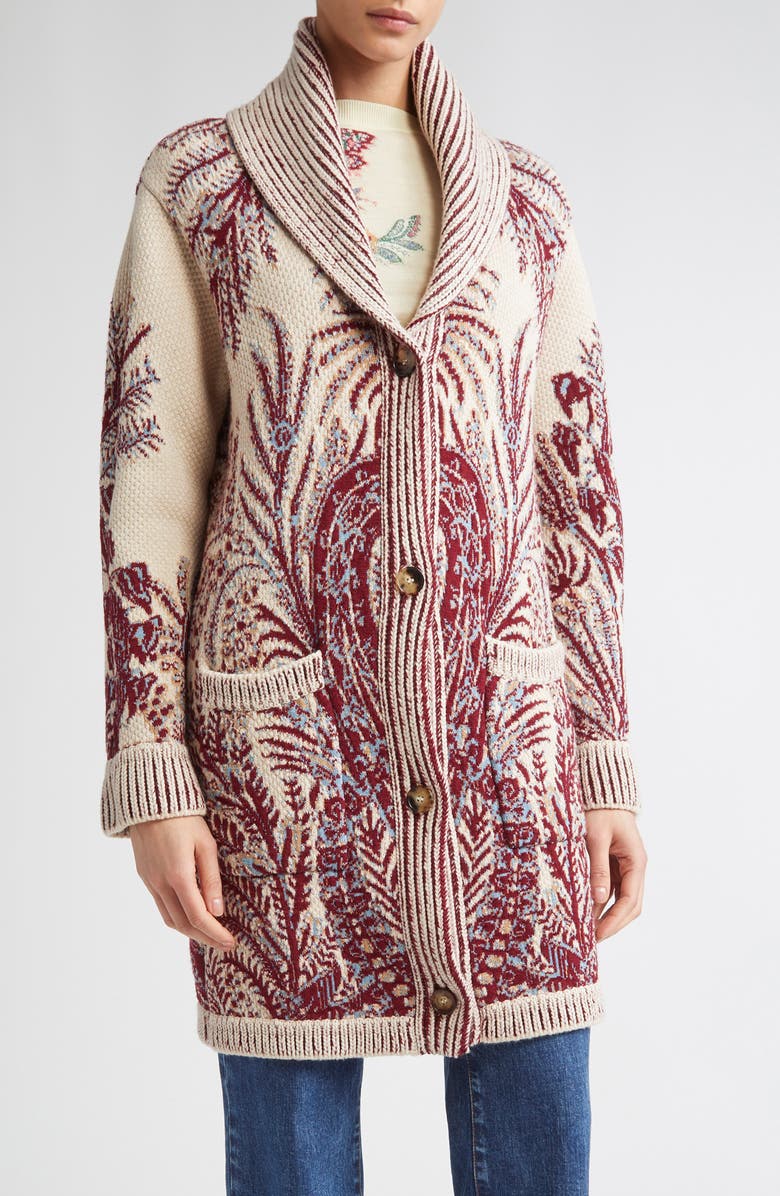 Etro Paisley Wool & Cotton Longline Cardigan, Main, color, Stampa F.do Bianco