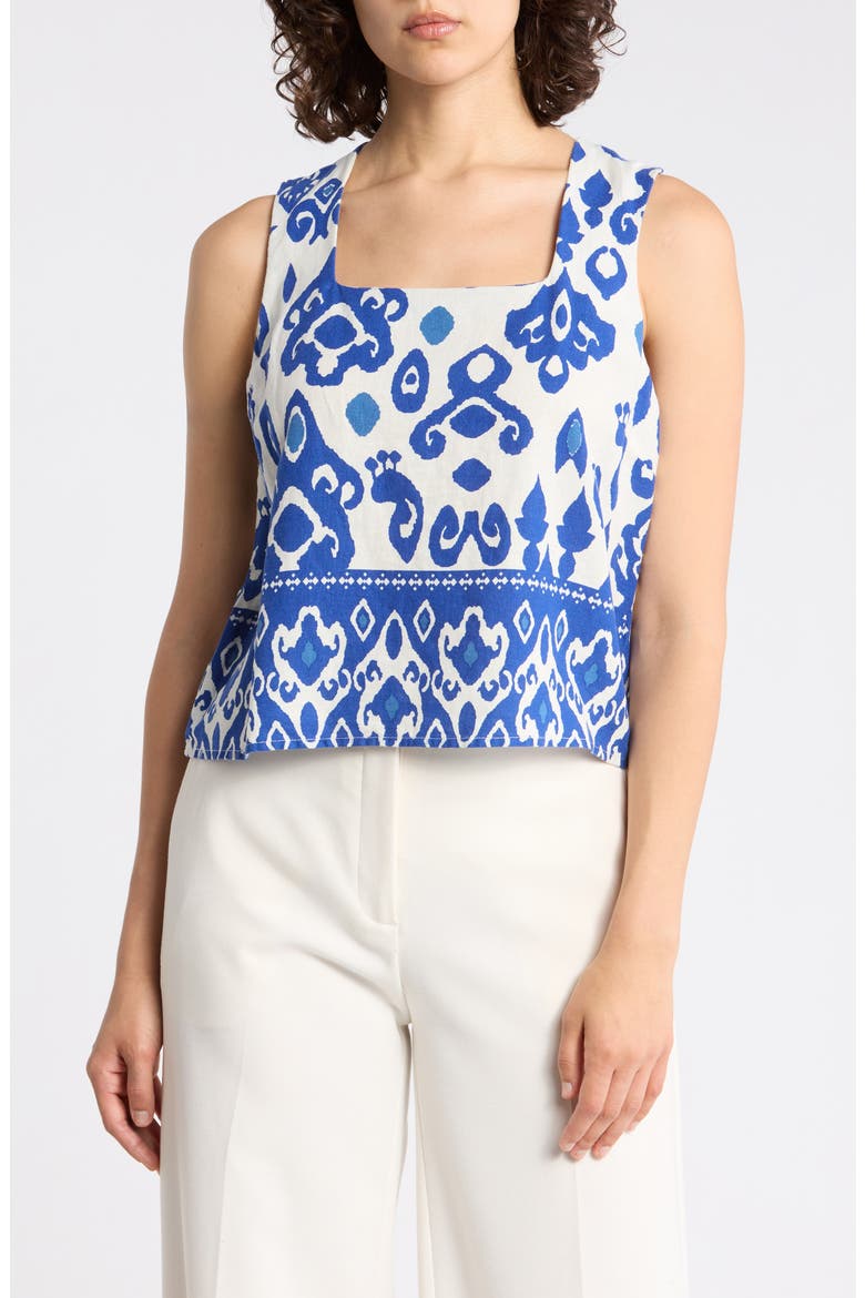 Linen Blend Print Top, Main, color, IVORY/ BLUE ABSTRACT