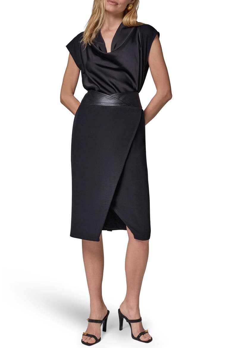 Faux Leather Trim Twist Midi Skirt, Alternate, color, BLACK