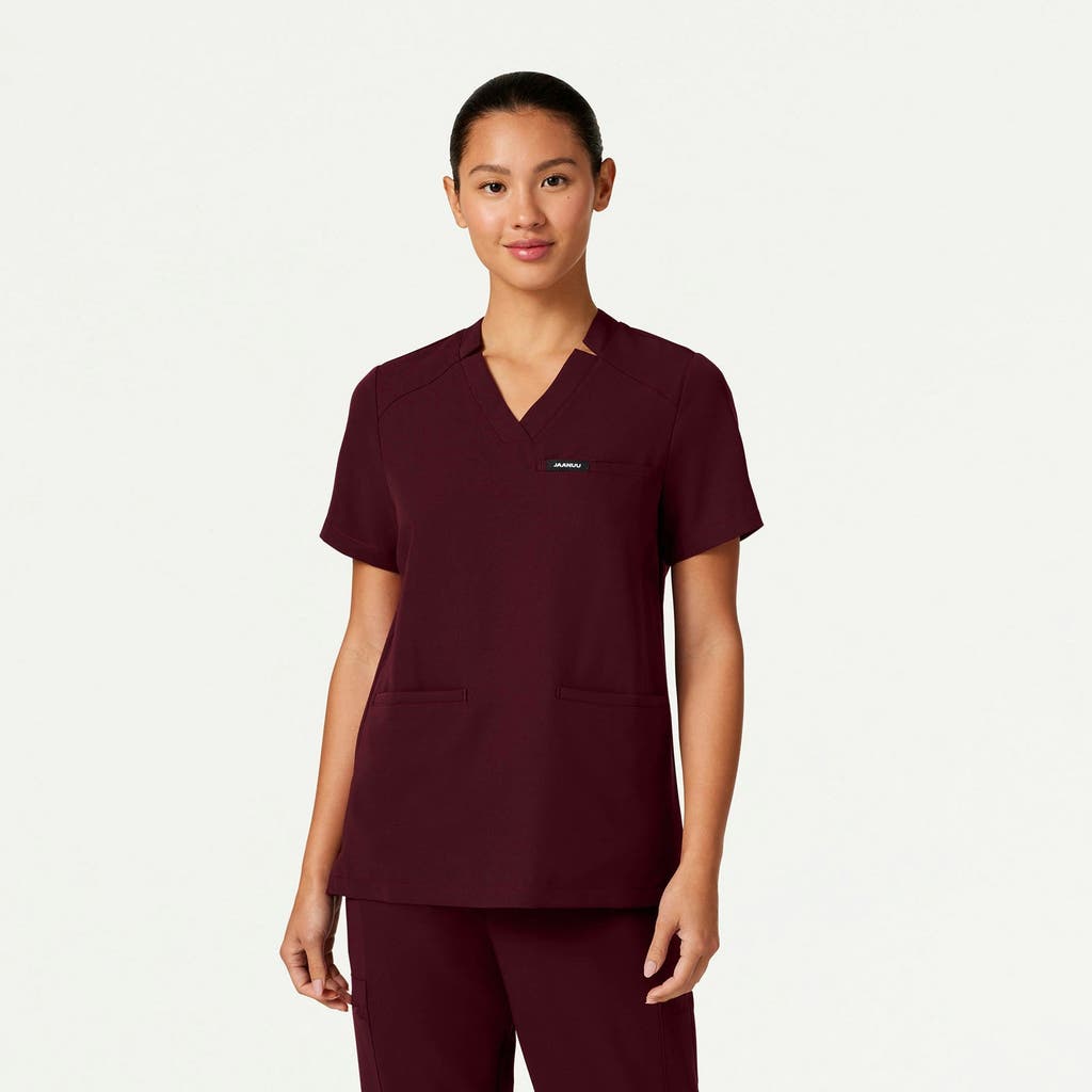 Jaanuu 3-pocket Classic Notched V-neck Scrub Top In Burgundy