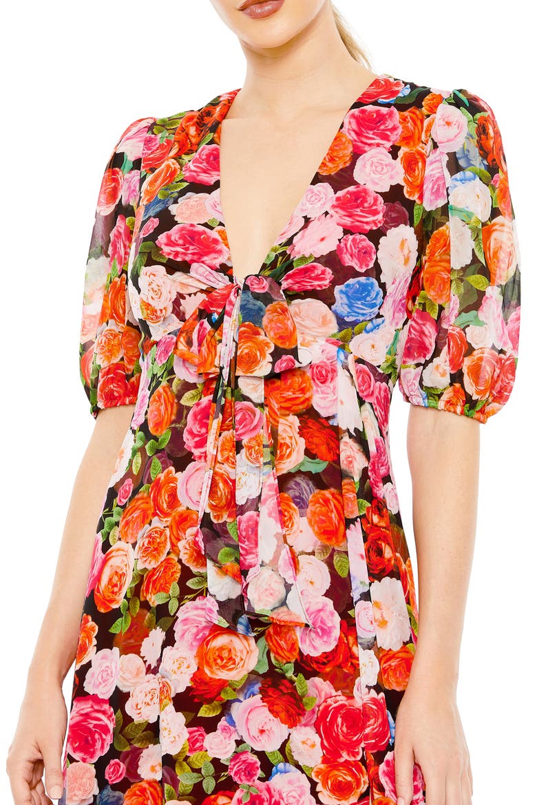 Floral Print Front Tie Puff Sleeve Flowy Midi Dress, Alternate, color, ROSE MULTI