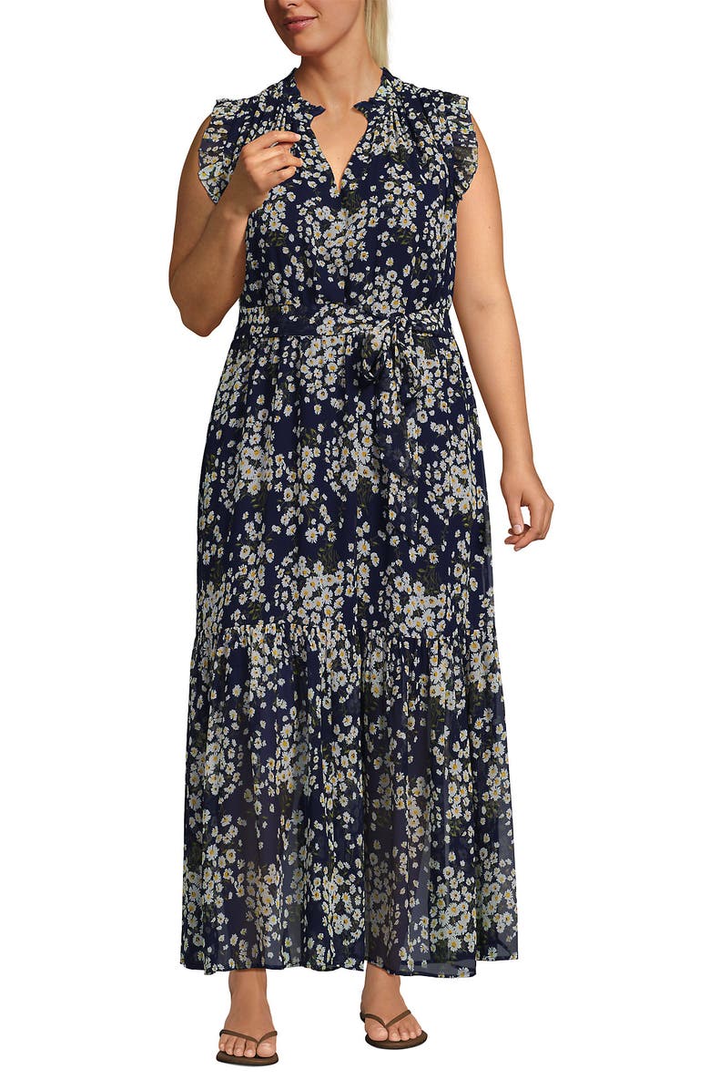 Lands' End Chiffon Maxi Dress with Ruffle Detail, Main, color, 