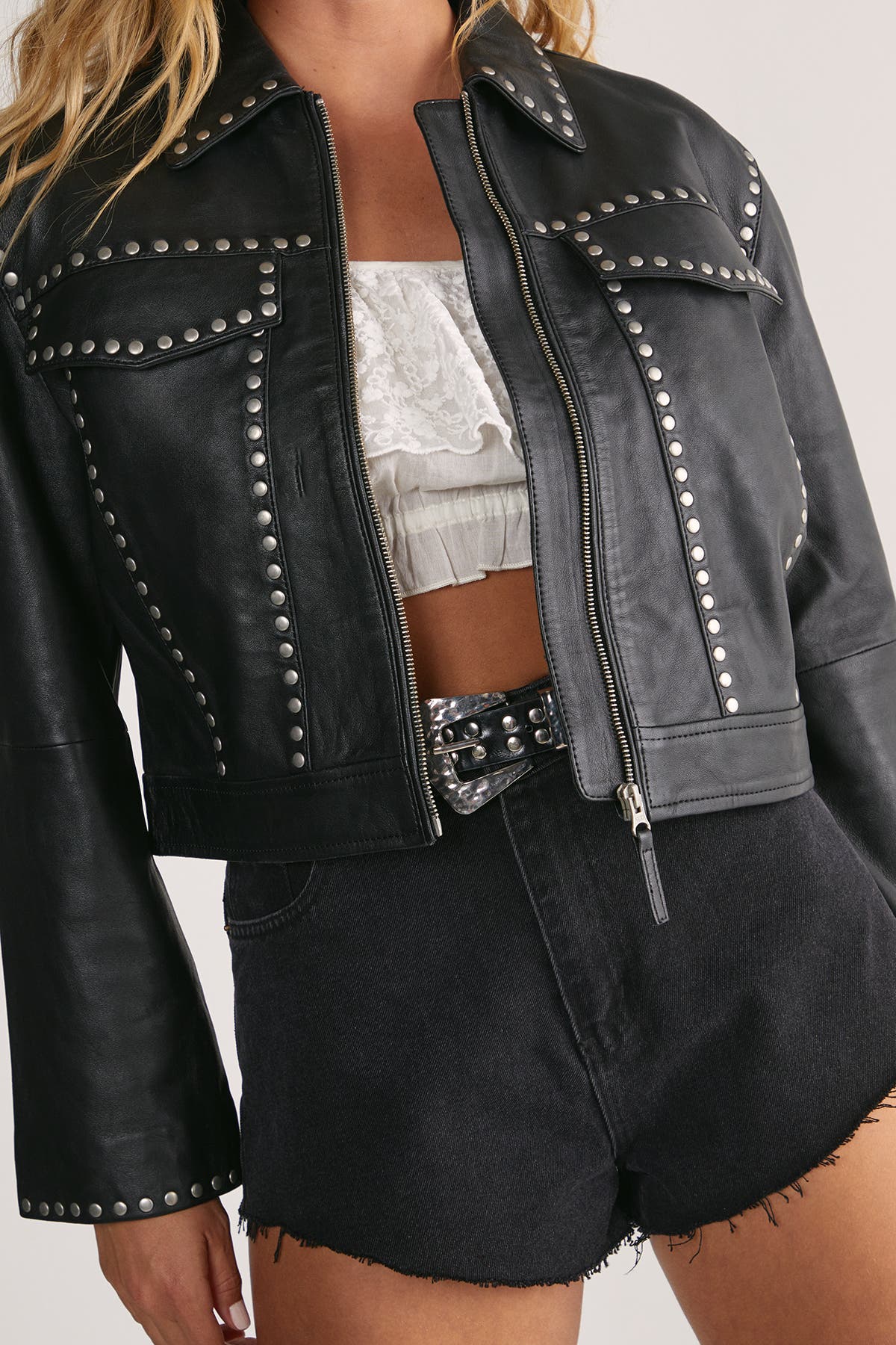 Leather Studded Cropped Jacket - image 2