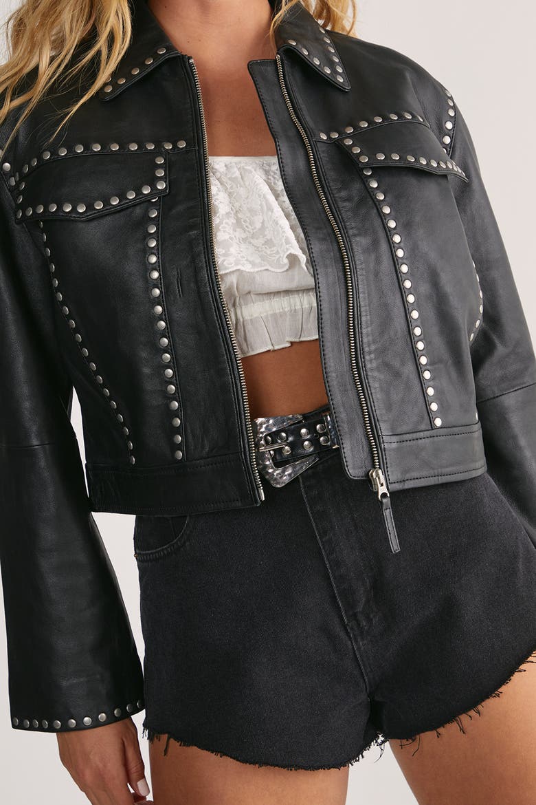 Leather Studded Cropped Jacket, Alternate, color, Black