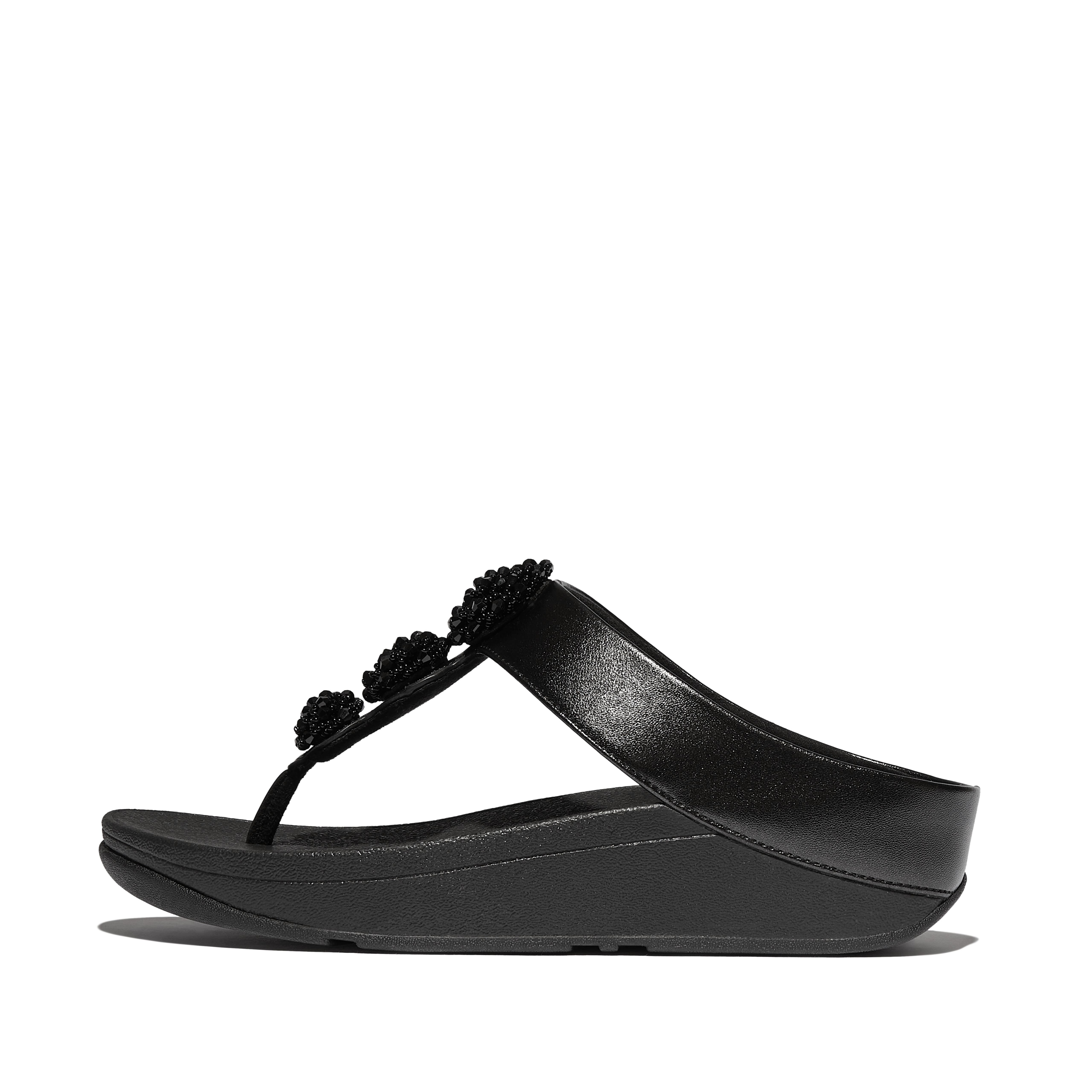 FitFlop Fino Beadie-button metallic toe-post sandals, Alternate, color, Metallic Black